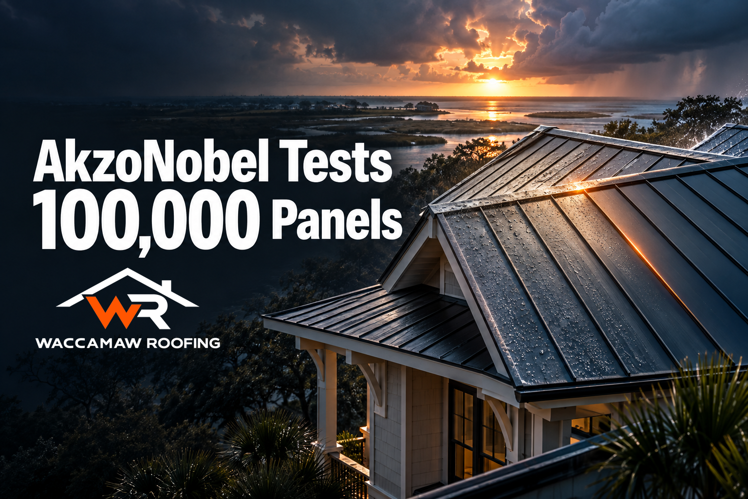 Metal roofing panels weather-tested at sunset for AkzoNobel METALCON showcase