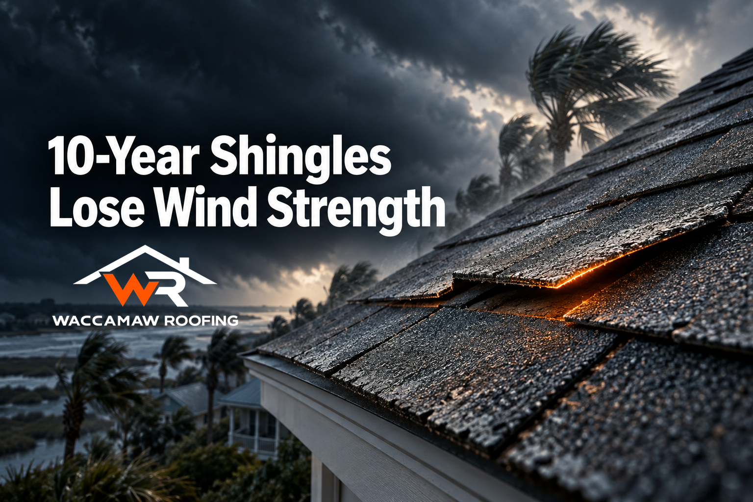 A coastal roof with lifted shingles illustrates asphalt shingle aging and wind damage