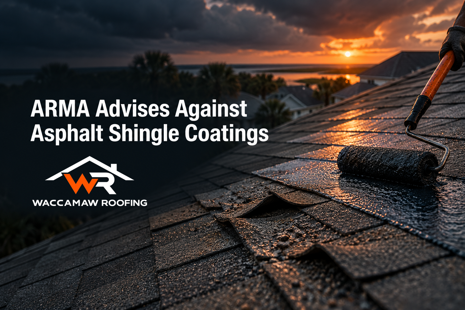 Worker applying asphalt shingle coatings to a residential roof at sunset