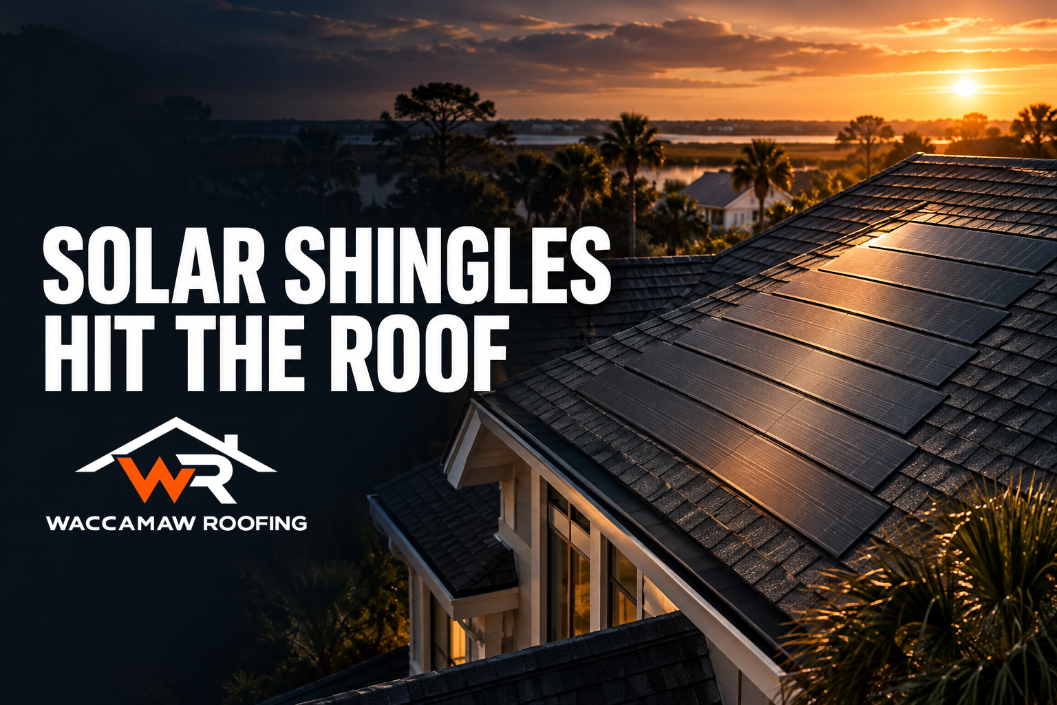 CertainTeed Landmark PWR solar shingles installed on a residential roof at sunset