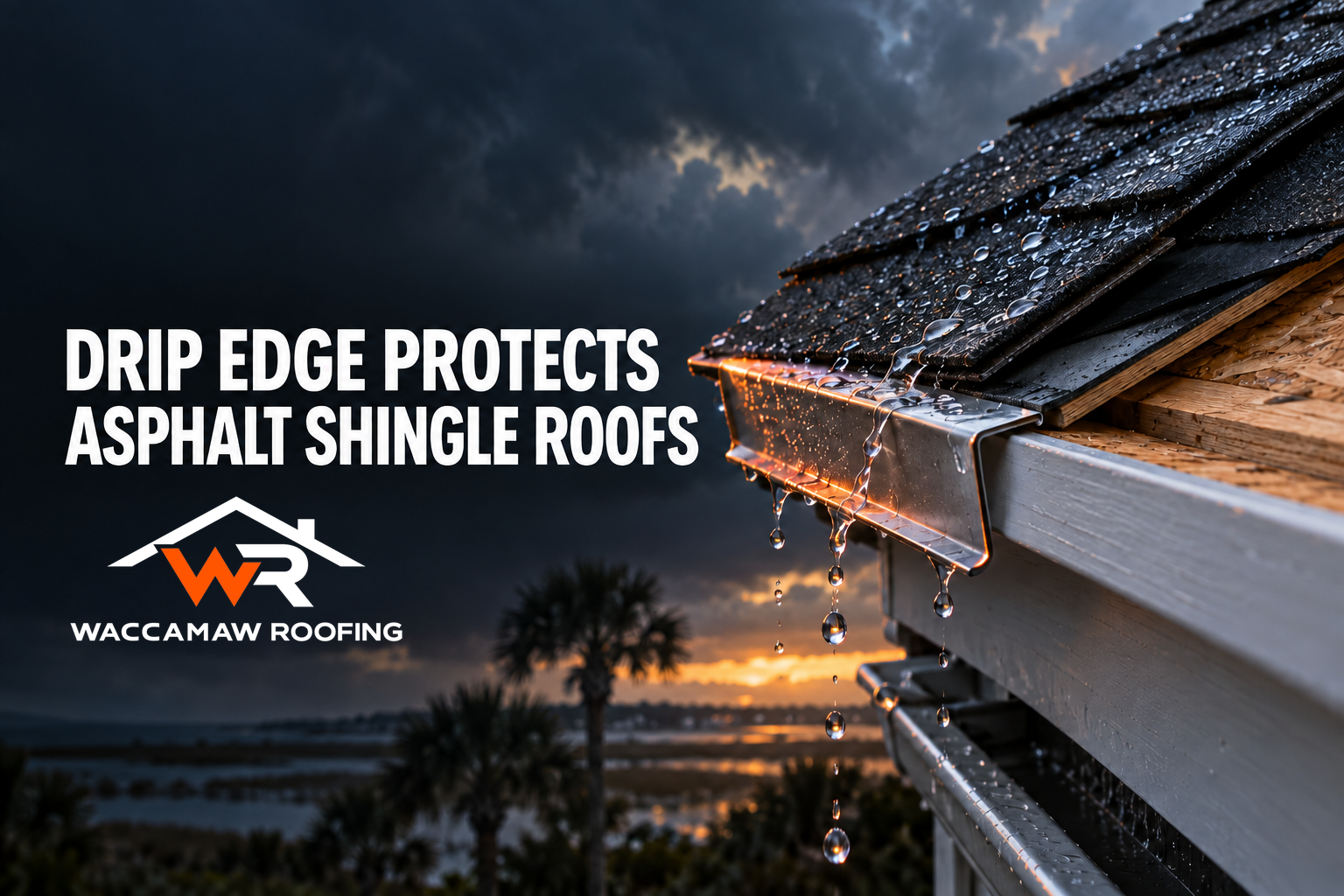 Drip edge installation channeling rainwater off asphalt shingle roof