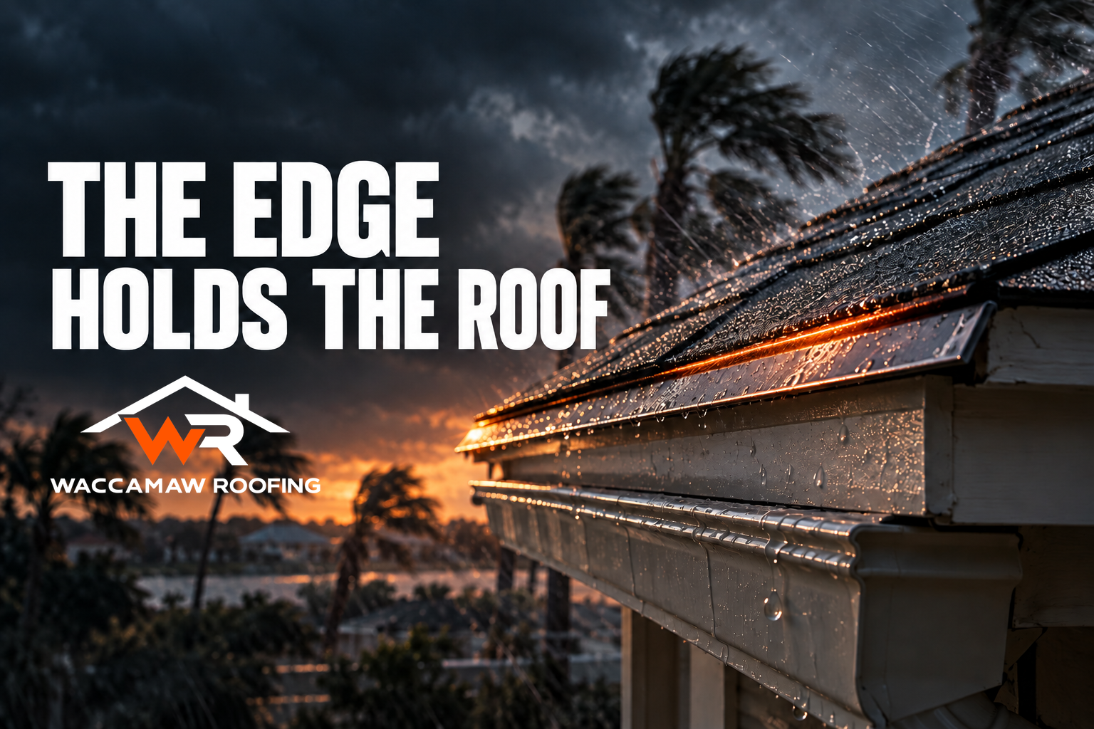 Rain lashing the edge metal along a low-slope roof at sunset