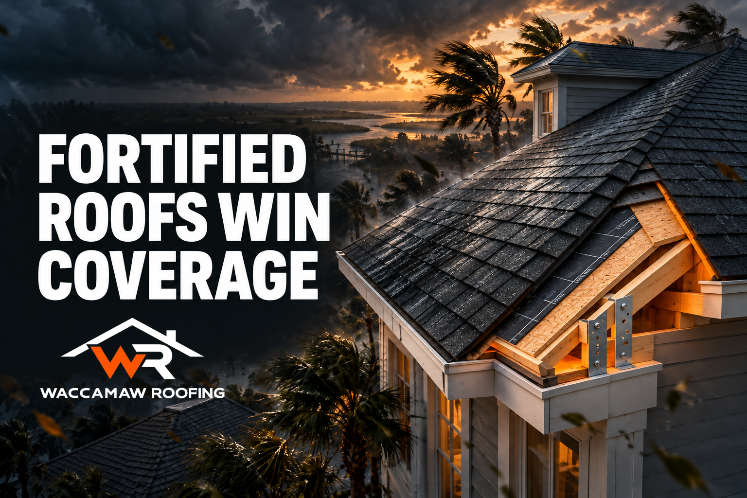 Coastal Home with a Fortified roof endorsement during a stormy sunset over palm trees