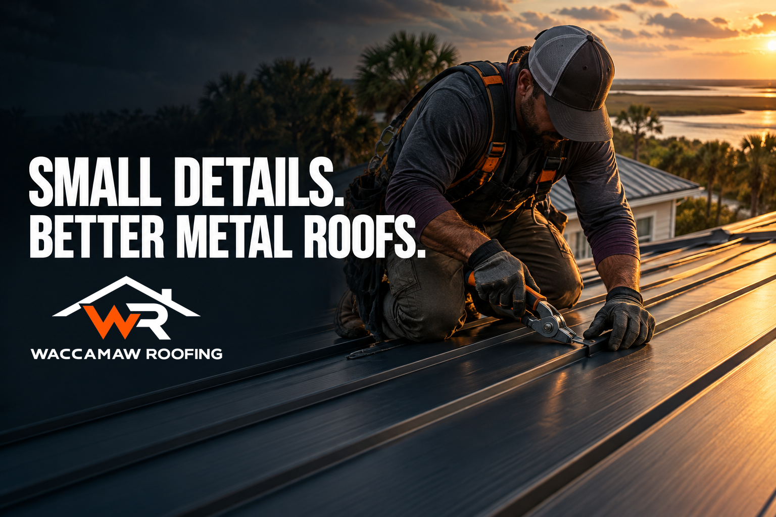 Roofer carefully working on a metal roof installation at sunset