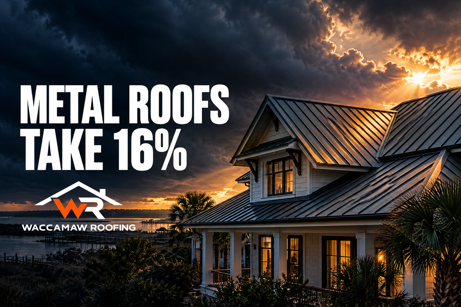 Metal roofing outlook illustrated by a coastal home with standing seam panels at sunset