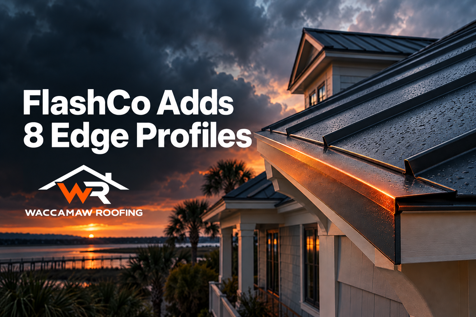 Metal roofing products edge profile on a coastal home at sunset