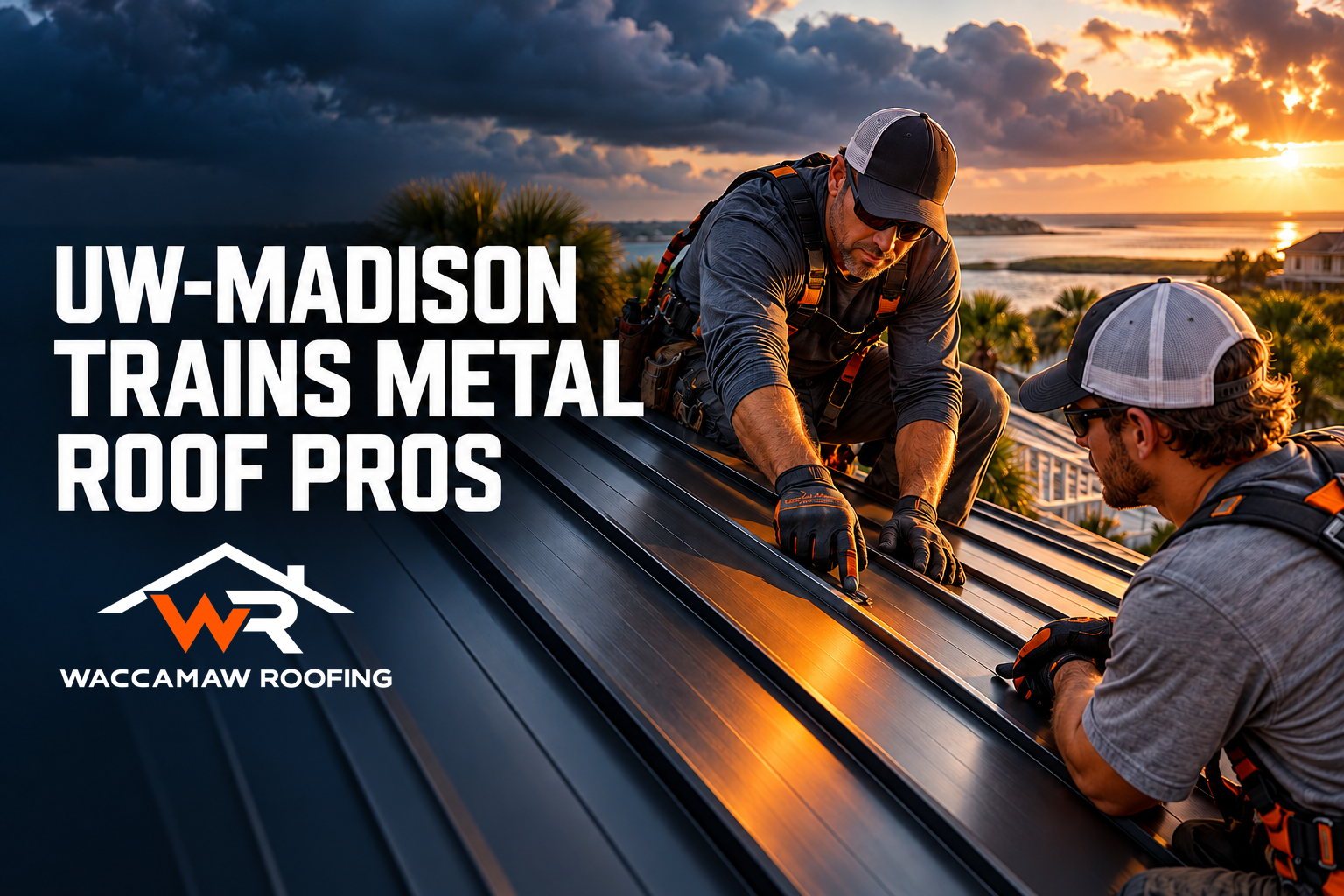 Two roofers installing panels during a metal roofing systems course training session