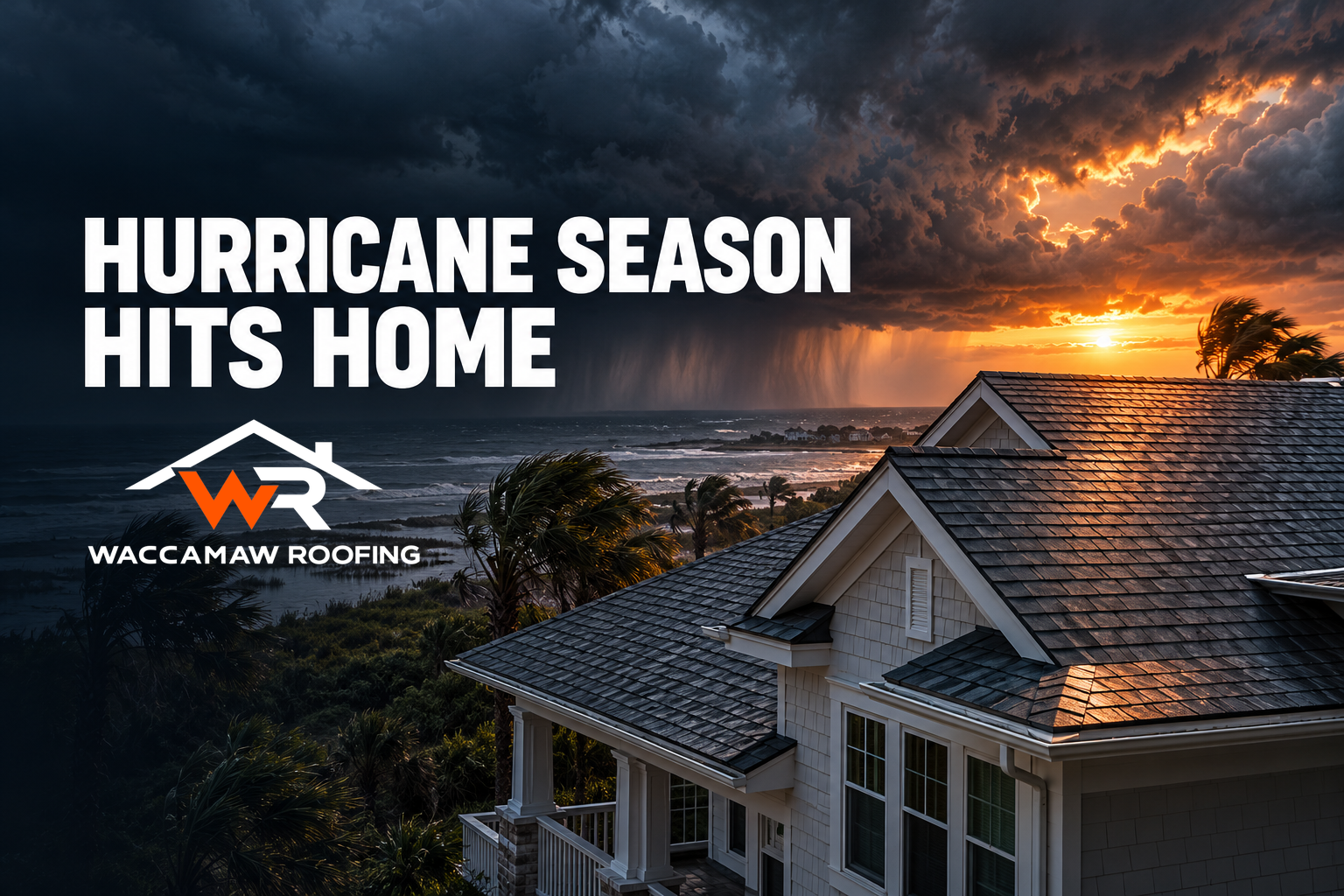 Coastal house beneath dark storm clouds illustrating an NHC forecast cone scenario