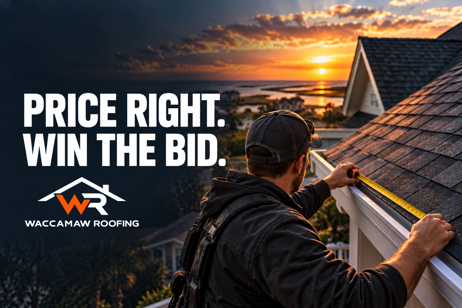 Roofer measuring a roof at sunset for a roofing estimating class