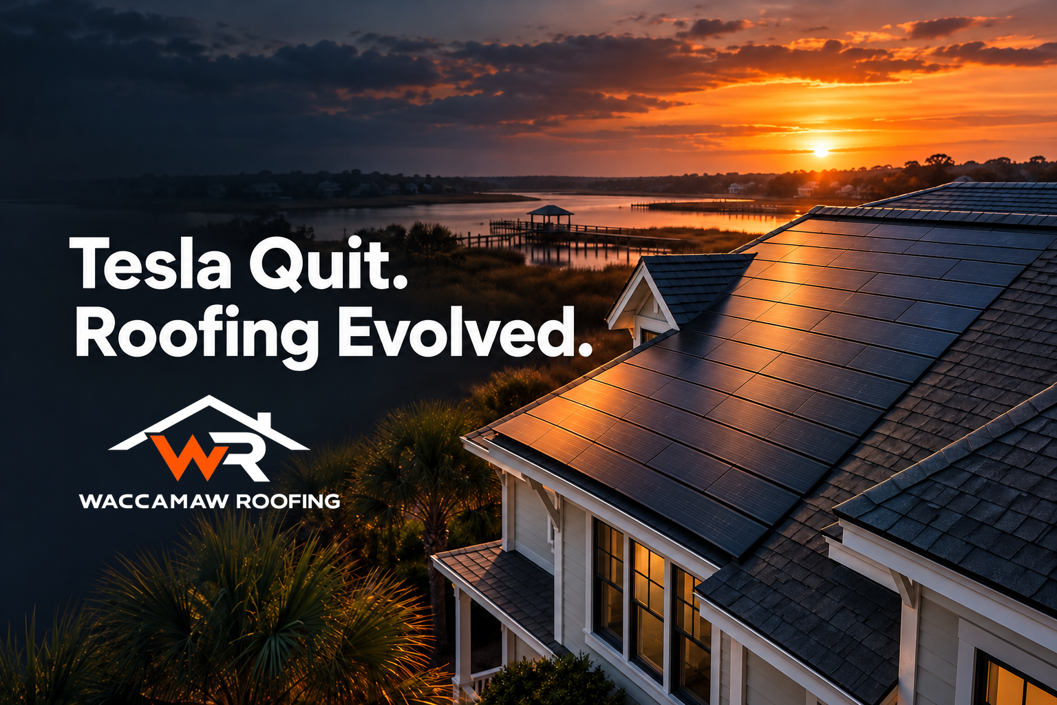 Modern coastal home featuring a Tesla solar roof at sunset